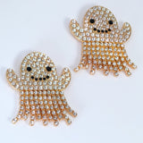 Cute Rhinestone Crystal Gold Ghost Earrings, Halloween Party Earrings, Spooky Statement earrings.