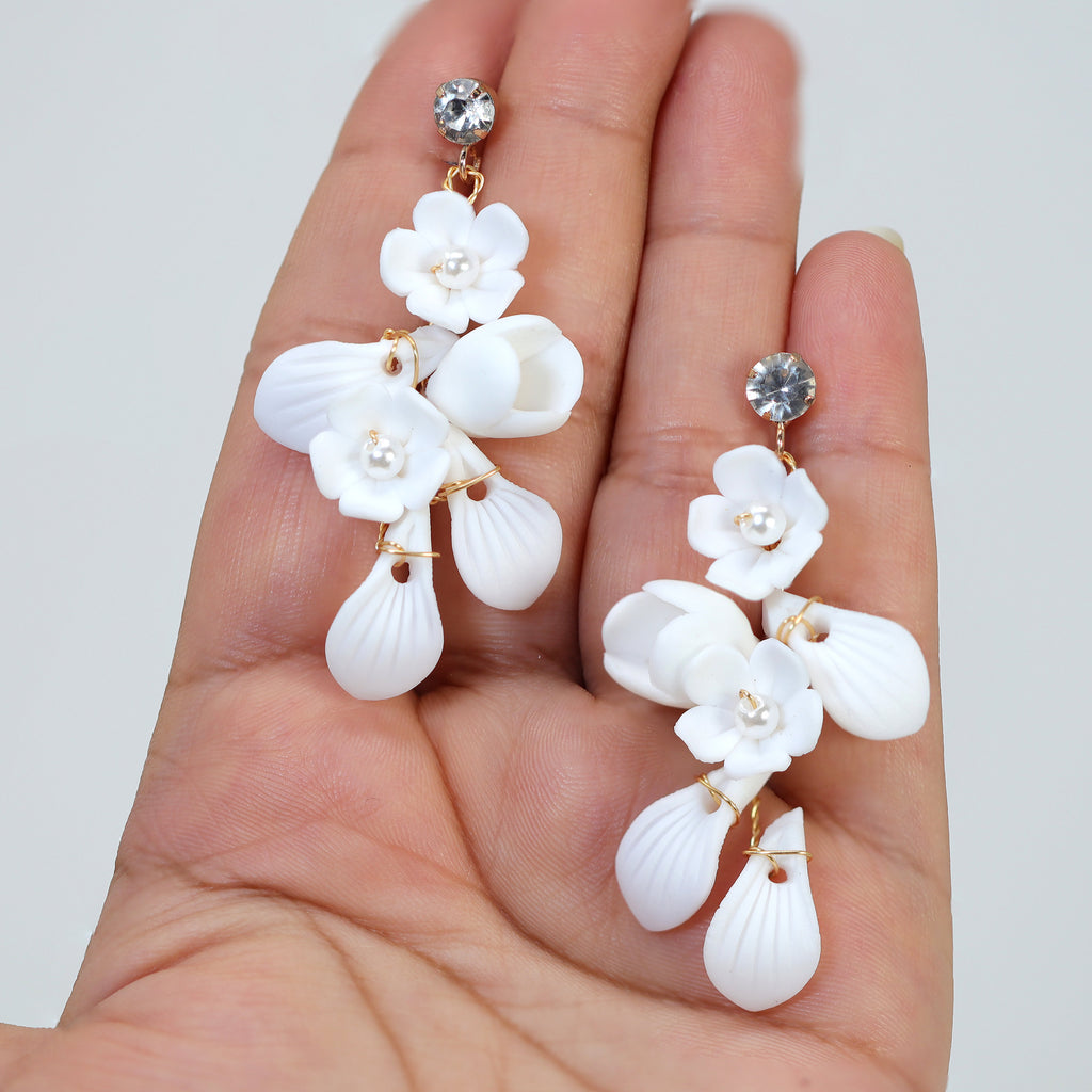 Swarovski Crystal Porcelain White Floral Pearl Elegance Ensemble Earring , Bridal Ceramic Earring, Bridal Hair Accessories, Wedding Earring.