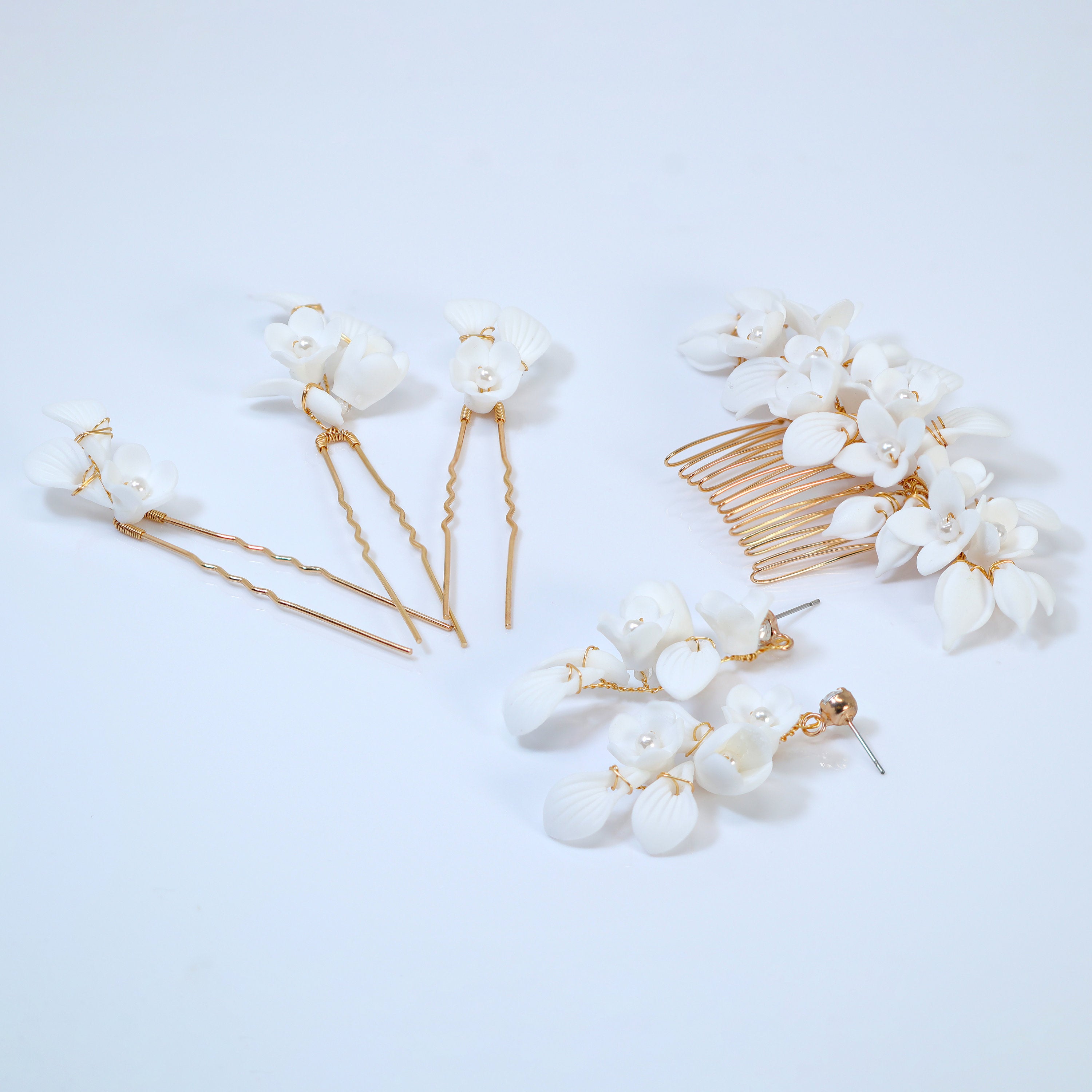 Swarovski Crystal Porcelain White Floral Pearl Elegance Ensemble Comb , Bridal Ceramic Comb, Bridal Hair Accessories, Wedding Earring.
