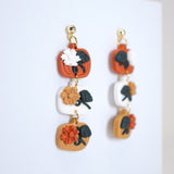 Gold Orange Floral Elegant Pumpkin Drop Halloween Clay Earrings, Long Halloween Earrings, Scary Statement earrings.