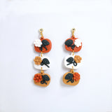 Gold Orange Floral Elegant Pumpkin Drop Halloween Clay Earrings, Long Halloween Earrings, Scary Statement earrings.