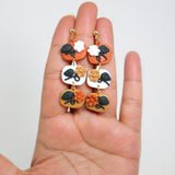 Gold Orange Floral Elegant Pumpkin Drop Halloween Clay Earrings, Long Halloween Earrings, Scary Statement earrings.