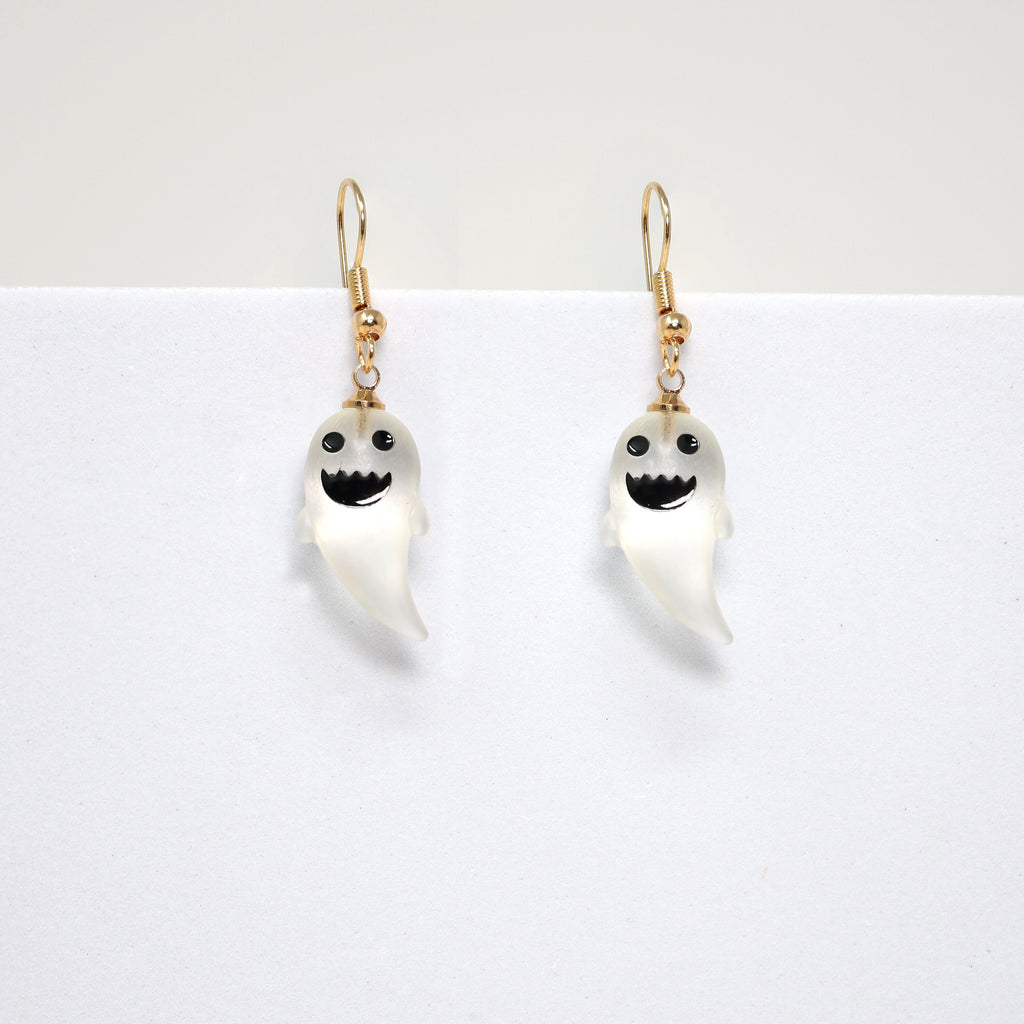 Cute Little Transparent Smiling Ghost Halloween Earrings, Long Halloween Earrings, Scary Statement earrings.