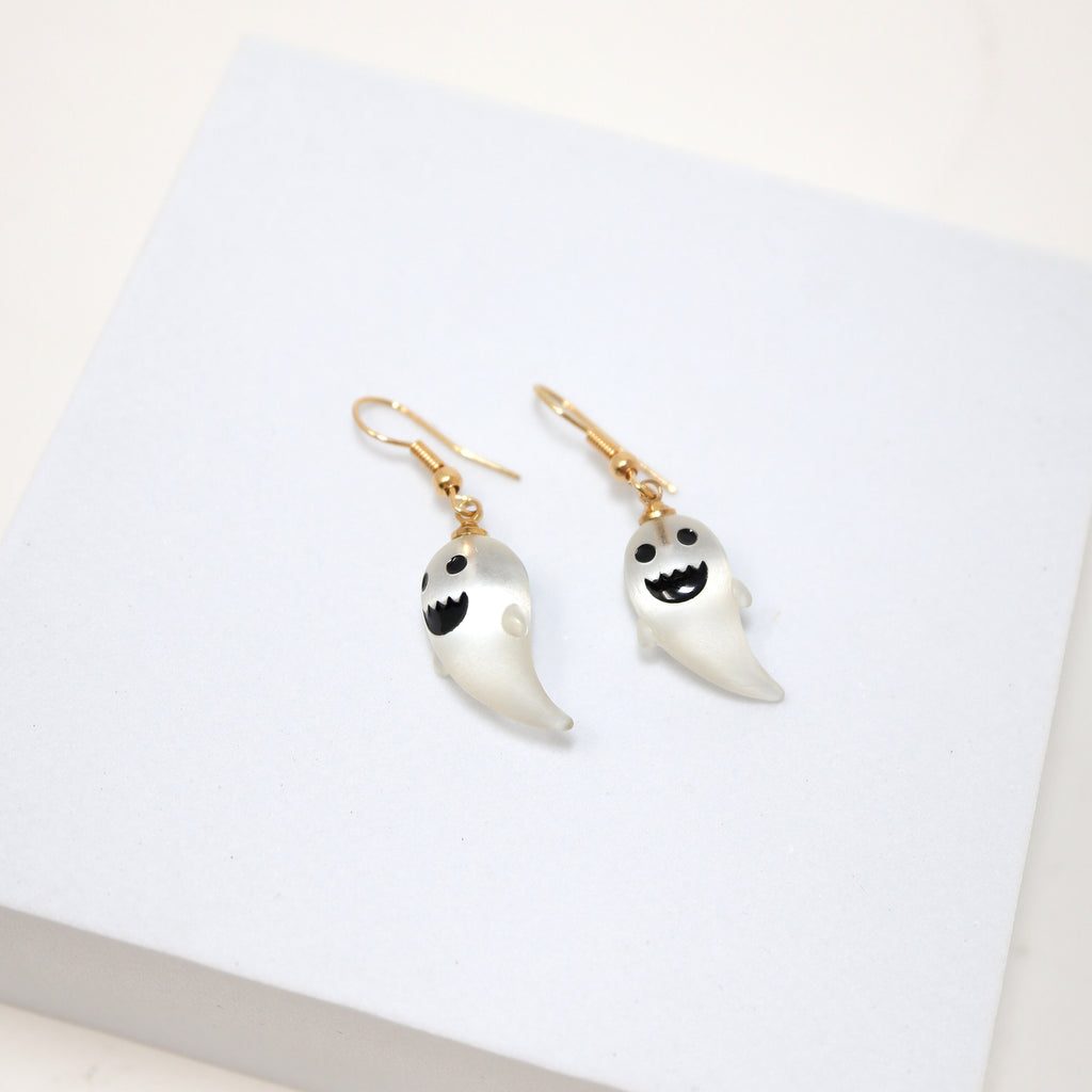 Cute Little Transparent Smiling Ghost Halloween Earrings, Long Halloween Earrings, Scary Statement earrings.
