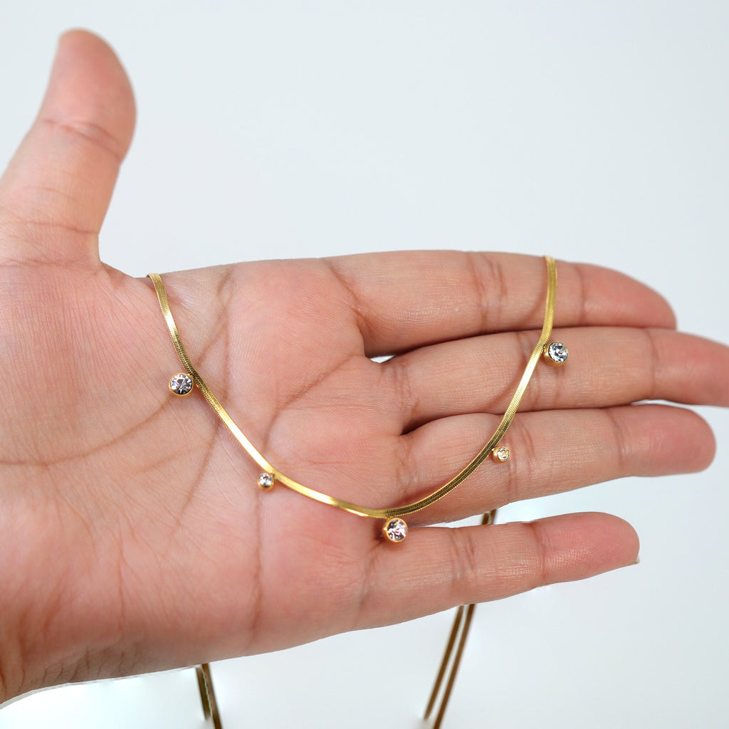 18k Gold Plated Swarovski Crystal Dainty Snake Chain Choker Necklace • Snake Chain Necklace • Minimalist • 14k Dainty Gold Necklace
