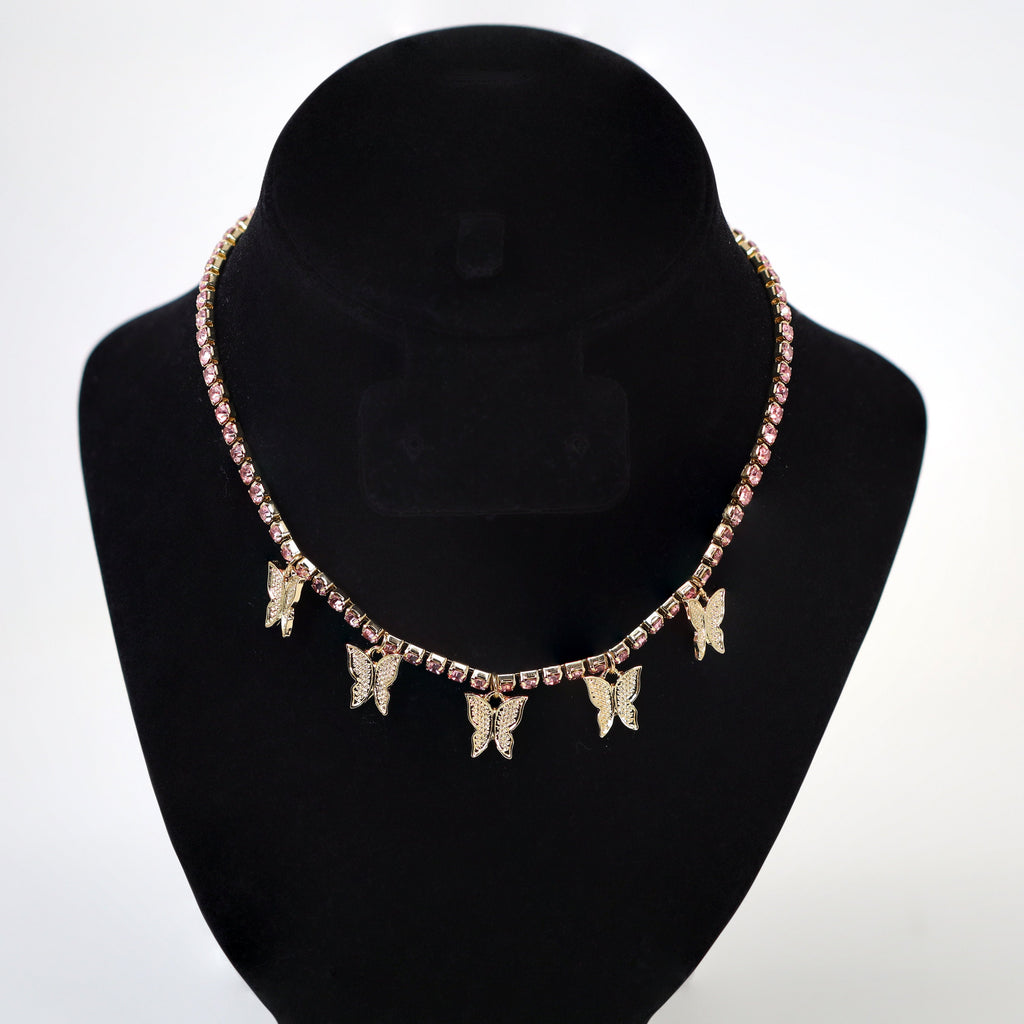 Gold Pink Rhinestone Butterfly Choker Necklace• Butterfly Drop Necklace • Minimalist • Gold Butterfly Necklace