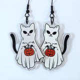 Cute Kitty Trick Or Treat Halloween Earrings, Cat Halloween Earrings, Spooky Pumpkin Statement earrings.