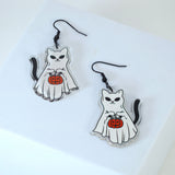 Cute Kitty Trick Or Treat Halloween Earrings, Cat Halloween Earrings, Spooky Pumpkin Statement earrings.