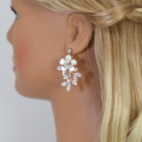 Swarovski Floral Petals Dream Crystal, Rhinestone Earrings, Long Bridal Jewelry Bridal Earrings Clip On Earrings, Statement Earrings.