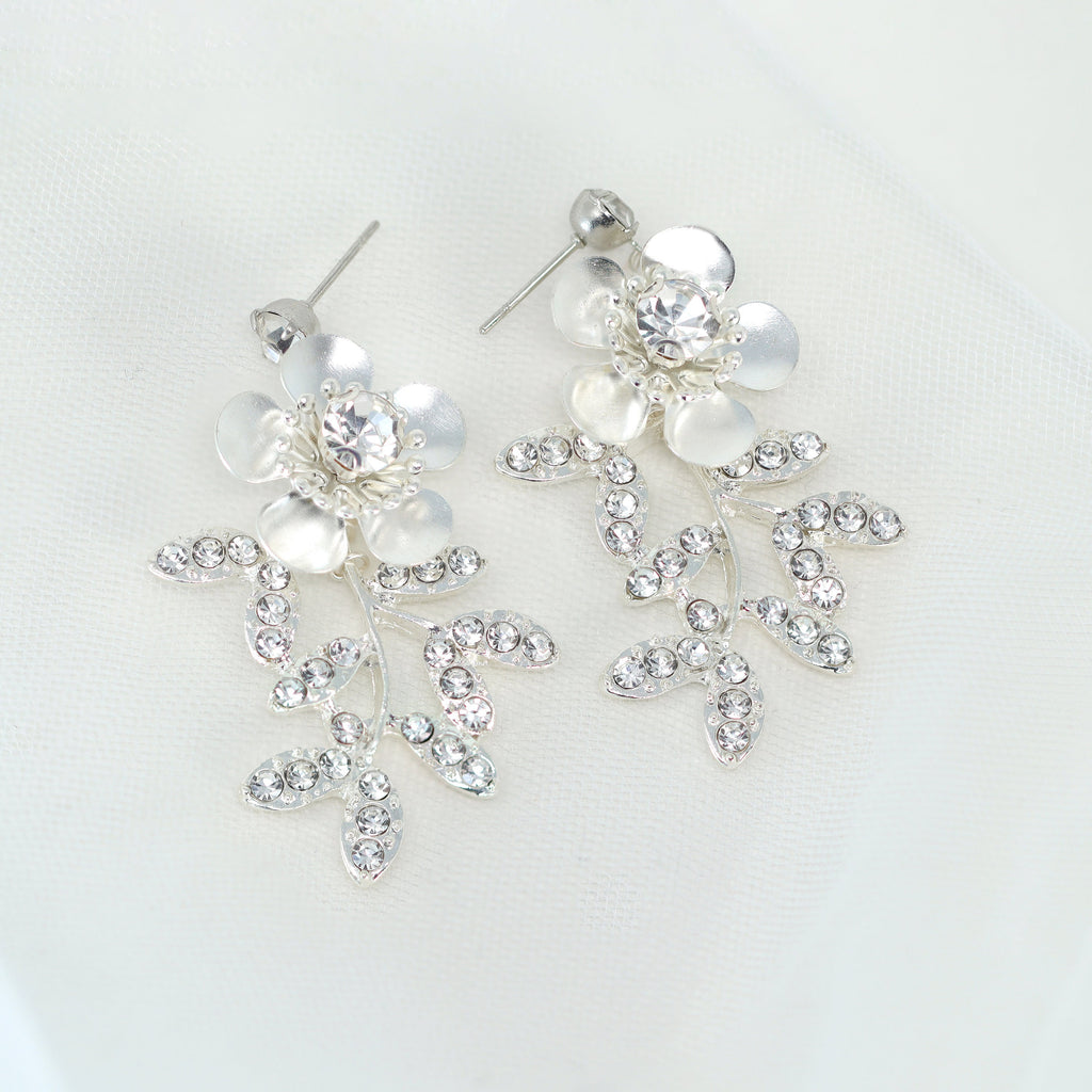 Swarovski Floral Petals Dream Crystal, Rhinestone Earrings, Long Bridal Jewelry Bridal Earrings Clip On Earrings, Statement Earrings.
