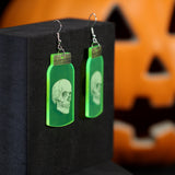 Neon Green Reflective Skull In A Jar Halloween Dangle Earrings, Long Halloween Earrings, Spooky Statement earrings.