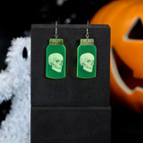 Neon Green Reflective Skull In A Jar Halloween Dangle Earrings, Long Halloween Earrings, Spooky Statement earrings.