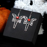 Red Heart Butterfly Skeleton Halloween Earrings, Long Rhinestone Halloween Earrings, Spooky Statement earrings.