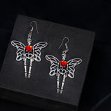 Red Heart Butterfly Skeleton Halloween Earrings, Long Rhinestone Halloween Earrings, Spooky Statement earrings.