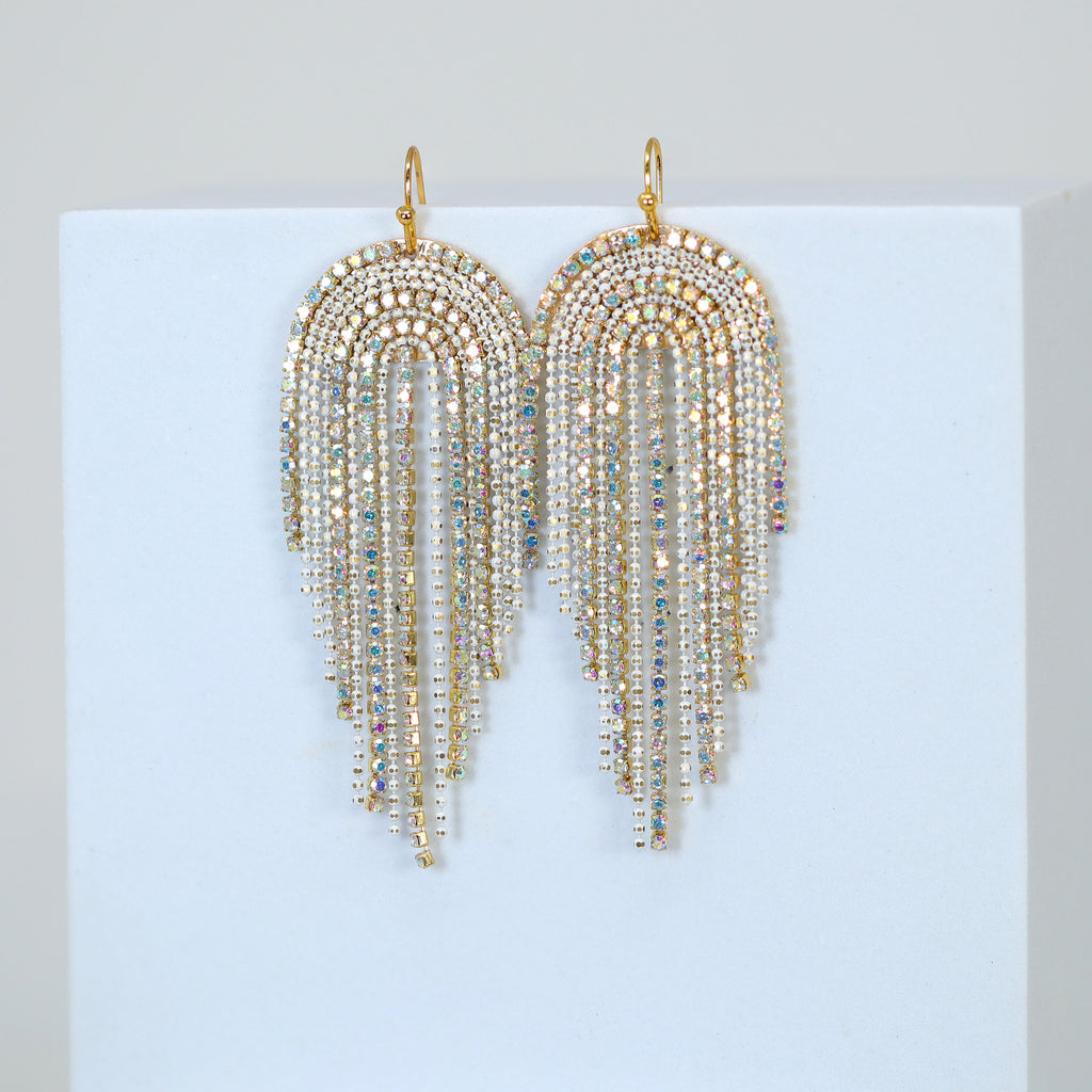 Gold Swarovski AB Crystal Ear wire Chandelier Diamond earrings, Long Tassel Bridal Jewelry Bridal Earrings Crystal Bridal Statement earrings
