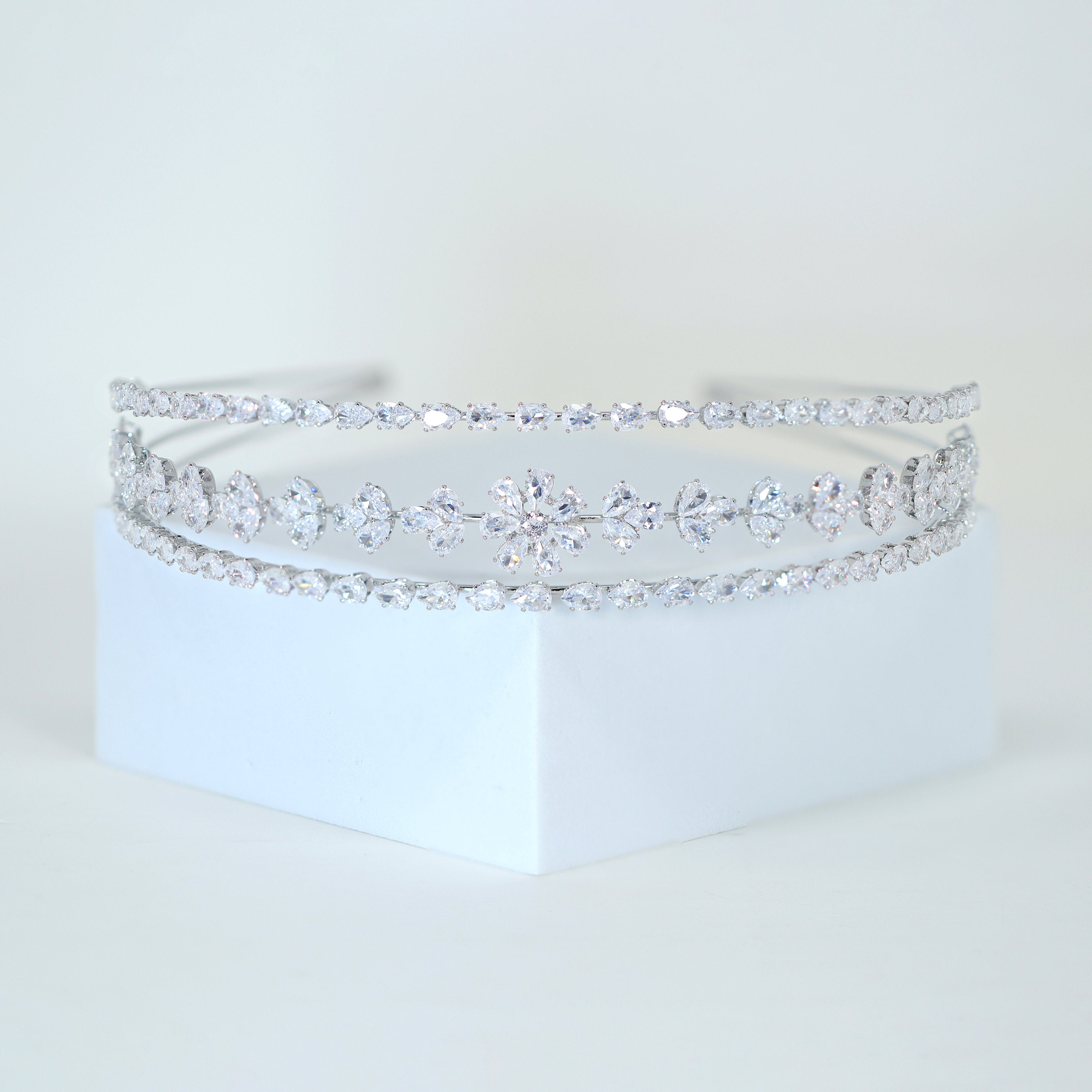 Swarovski Crystals Floral Vine Leaves Three Layer Silver Headband, Hair Vine Headband, Bridal Hair, Rhinestone Headband, Delicate Headband.