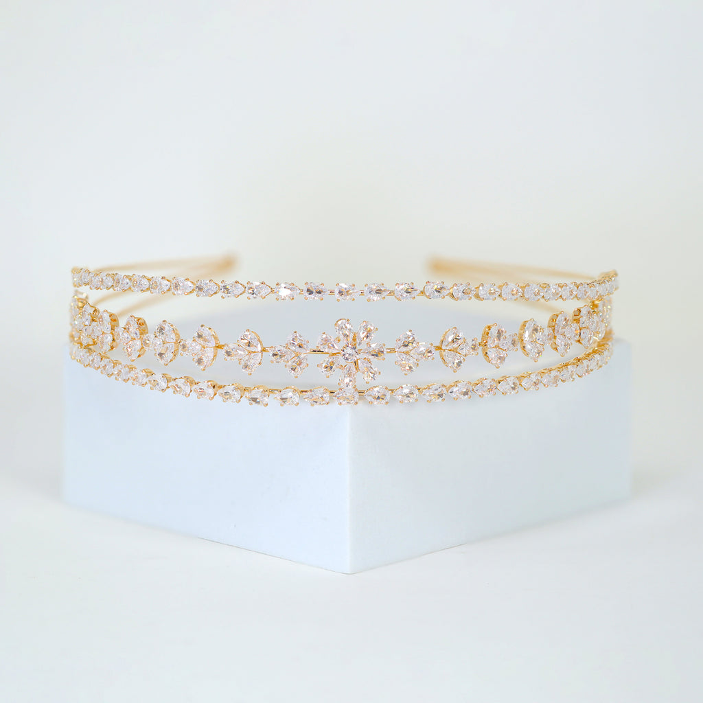 Swarovski Crystals Floral Vine Leaves Three Layer Gold Headband, Hair Vine Headband, Bridal Hair , Rhinestone Headband, Delicate Headband.
