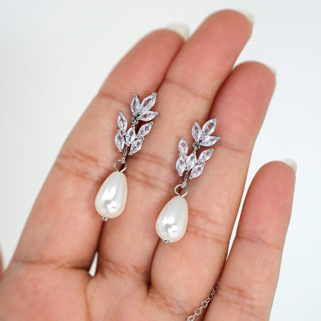 Swarovski Crystal Faux Pearl Drop Vine Leaves Necklace Set, Long Bridal Earrings And Necklace, Statement Earrings Cz