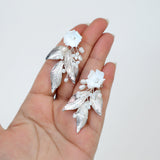 Natural Cultured Freshwater Pearl Ceramic White Flower Long Leaves Earrings, Long Bridal Jewelry Crystal Bridal Earrings Statement Earrings