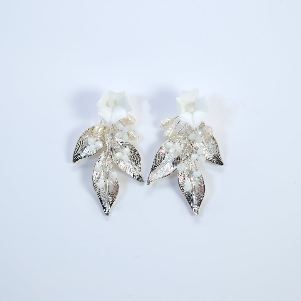 Natural Cultured Freshwater Pearl Ceramic White Flower Long Leaves Earrings, Long Bridal Jewelry Crystal Bridal Earrings Statement Earrings