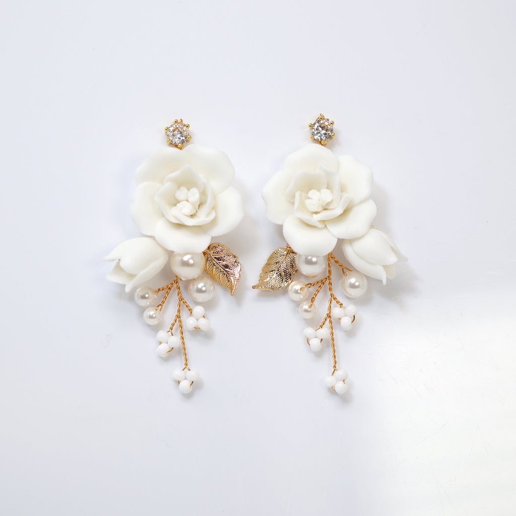 Pearl Dusted White Rose And Lily Blossom Earring , Bridal Ceramic Rose Earring, Bridal Hair Accessories, Wedding Earring.