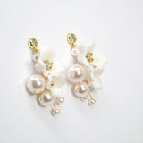 Pearl Dusted White Orchid Blossom Earring , Bridal Ceramic Rose Earring, Bridal Hair Accessories, Wedding Earring.