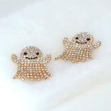 Cute Rhinestone Crystal Gold Ghost Earrings, Halloween Party Earrings, Spooky Statement earrings.