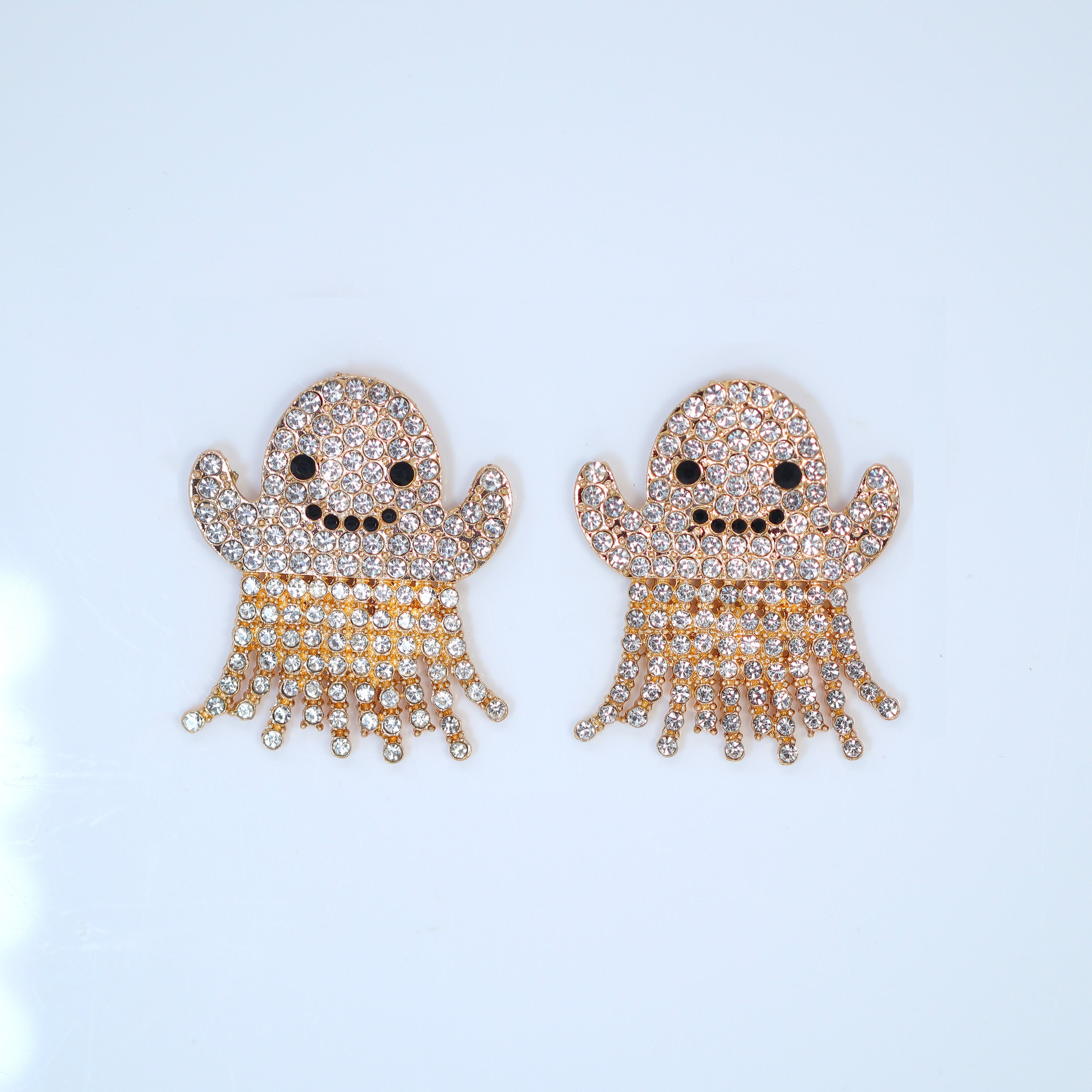 Cute Rhinestone Crystal Gold Ghost Earrings, Halloween Party Earrings, Spooky Statement earrings.