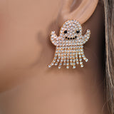 Cute Rhinestone Crystal Gold Ghost Earrings, Halloween Party Earrings, Spooky Statement earrings.