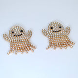 Cute Rhinestone Crystal Gold Ghost Earrings, Halloween Party Earrings, Spooky Statement earrings.