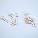 Swarovski Crystal Porcelain White Floral Pearl Elegance Ensemble Hair Pins Set of 3 , Ceramic Hair pins Set, Bridal Hair Accessories