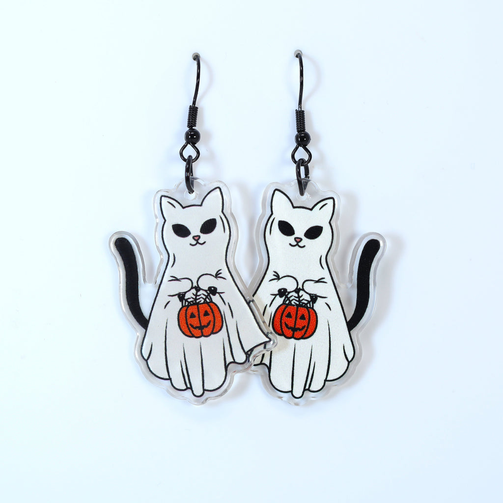 Cute Kitty Trick Or Treat Halloween Earrings, Cat Halloween Earrings, Spooky Pumpkin Statement earrings.