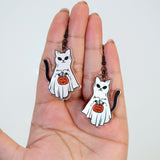 Cute Kitty Trick Or Treat Halloween Earrings, Cat Halloween Earrings, Spooky Pumpkin Statement earrings.