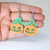 Glow In Dark Ghost Pumpkin Halloween Earrings, Long Halloween Earrings, Spooky Statement earrings.