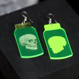 Neon Green Reflective Skull In A Jar Halloween Dangle Earrings, Long Halloween Earrings, Spooky Statement earrings.