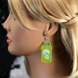 Neon Green Reflective Skull In A Jar Halloween Dangle Earrings, Long Halloween Earrings, Spooky Statement earrings.