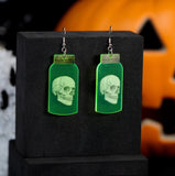 Neon Green Reflective Skull In A Jar Halloween Dangle Earrings, Long Halloween Earrings, Spooky Statement earrings.