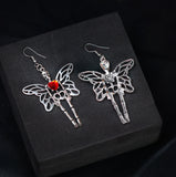 Red Heart Butterfly Skeleton Halloween Earrings, Long Rhinestone Halloween Earrings, Spooky Statement earrings.