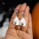 Cute White Ghost With A Golden Heart Halloween Earrings, Long Halloween Earrings, Scary Statement earrings.