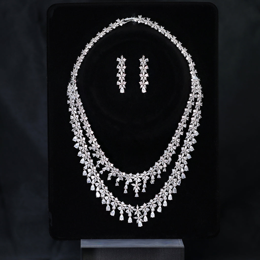 Swarovski Crystal Graceful Twin Strand Elegance Diamond/Crystal Necklace Set, Bridal Necklace Set, Bridal Jewelry, Statement Necklace