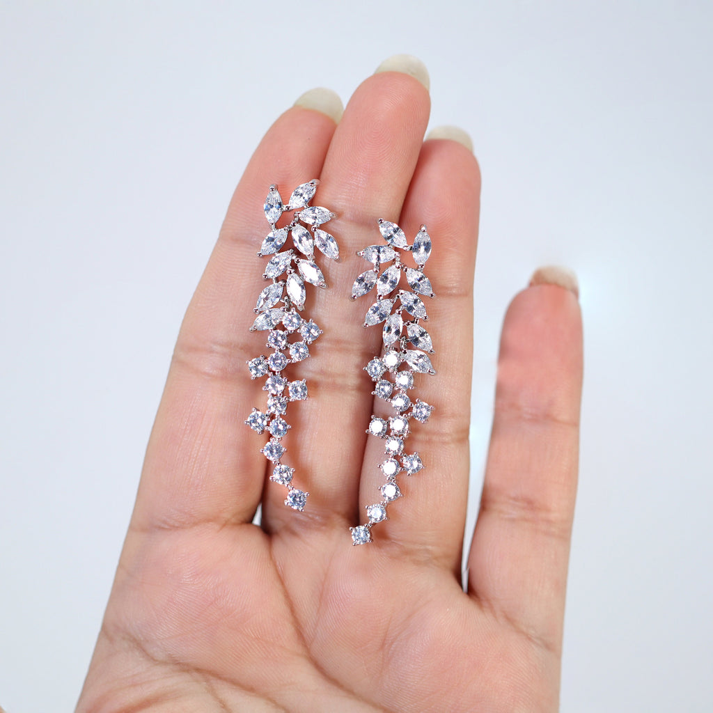 Swarovski Crystal Stone, Long Bridal Jewelry, Bridal Earrings And Necklace, Statement Earrings Cz Necklace Set.
