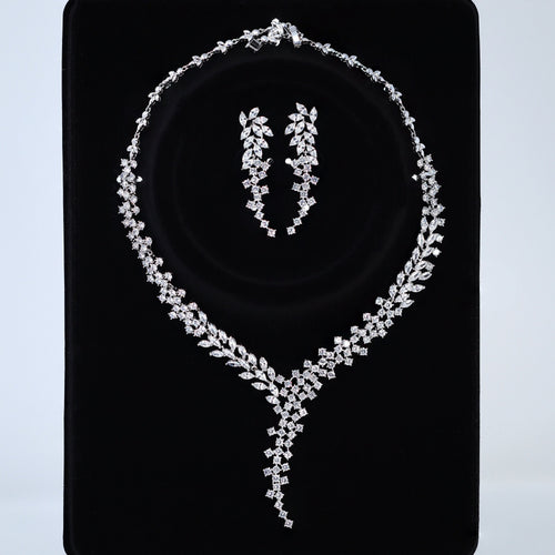 Swarovski Crystal Stone, Long Bridal Jewelry, Bridal Earrings And Necklace, Statement Earrings Cz Necklace Set.