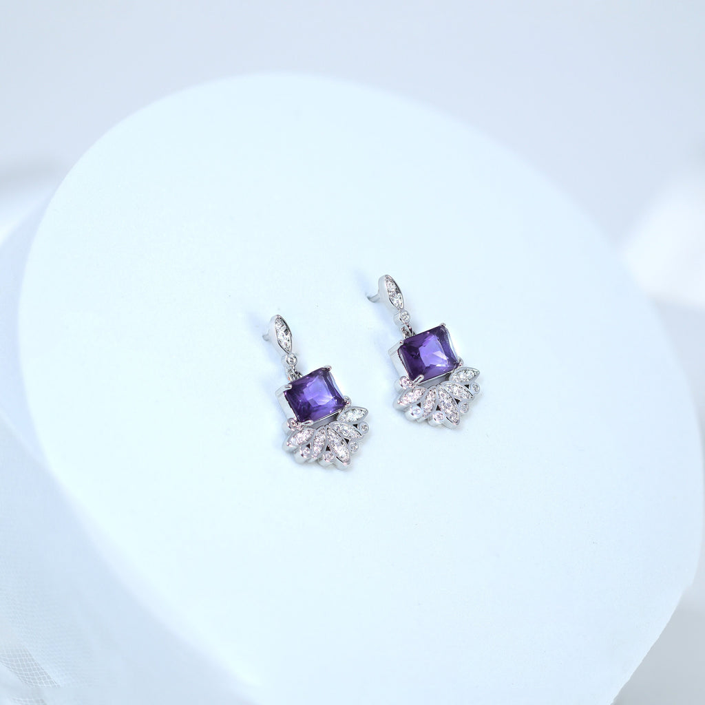 Swarovski Crystal Flower Drop With Purple Accent Dainty Earrings, Bridal Jewelry, Crystal Bridal Earrings, Statement Earrings Cz