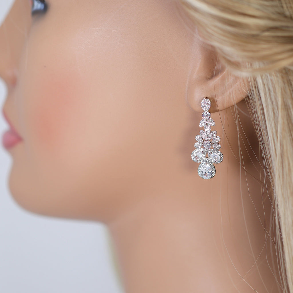 Diamond/ Swarovski Crystal Elegant Floral Vine Leaves Drop Necklace Set, Long Bridal Jewelry Set, Crystal Bridal , Statement Earrings