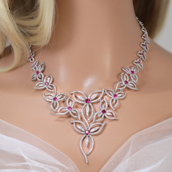 Swarovski Crystal Pink Floral Vine Necklace Set , Long Bridal Jewelry, Bridal Earrings and Necklace, Statement Earrings CZ Necklace Set.