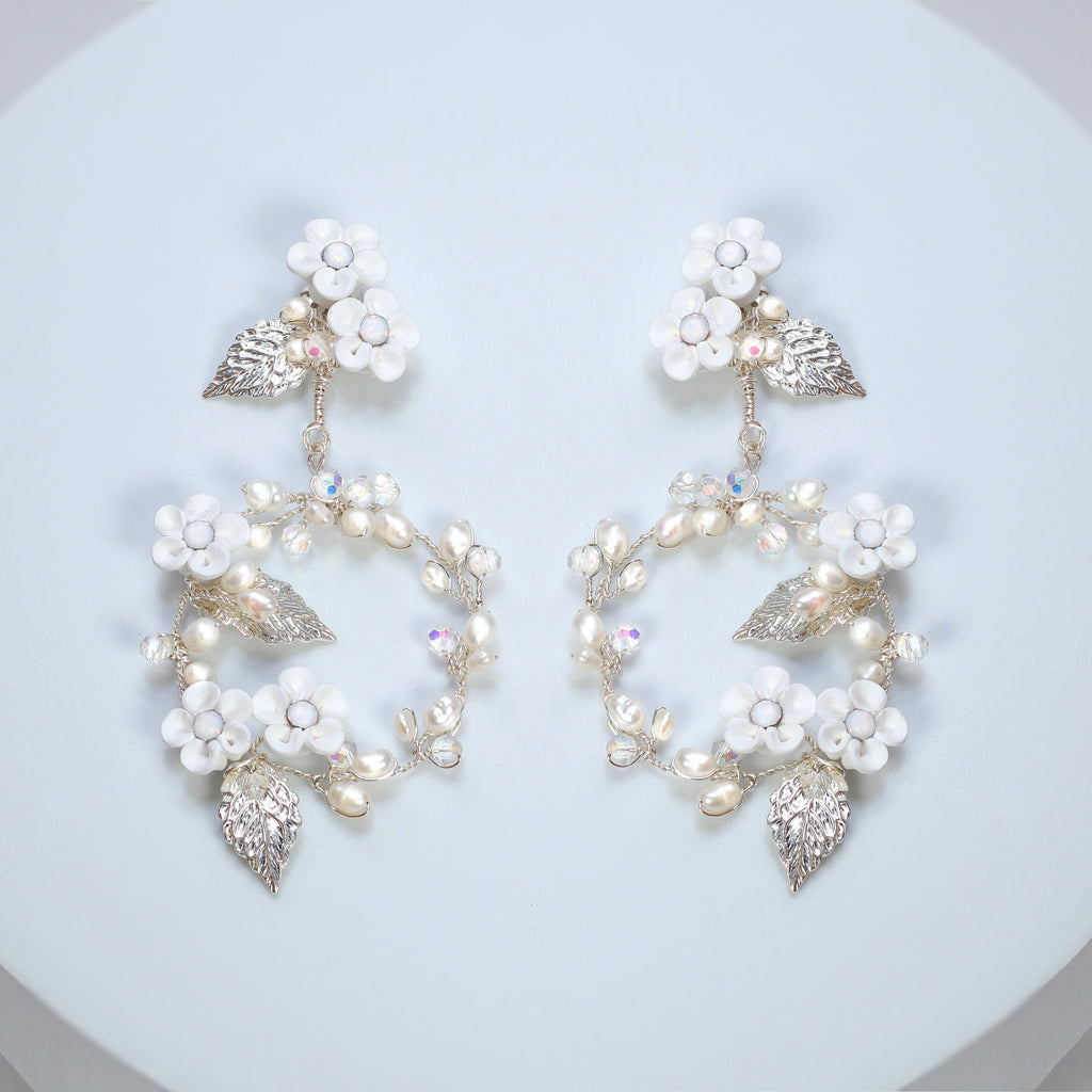 Swarovski Crystal Opal White flower Freshwater Cultured Pearl Hoop Earrings , Something Blue Real Pearl Bridal Earrings, Statement Earrings.