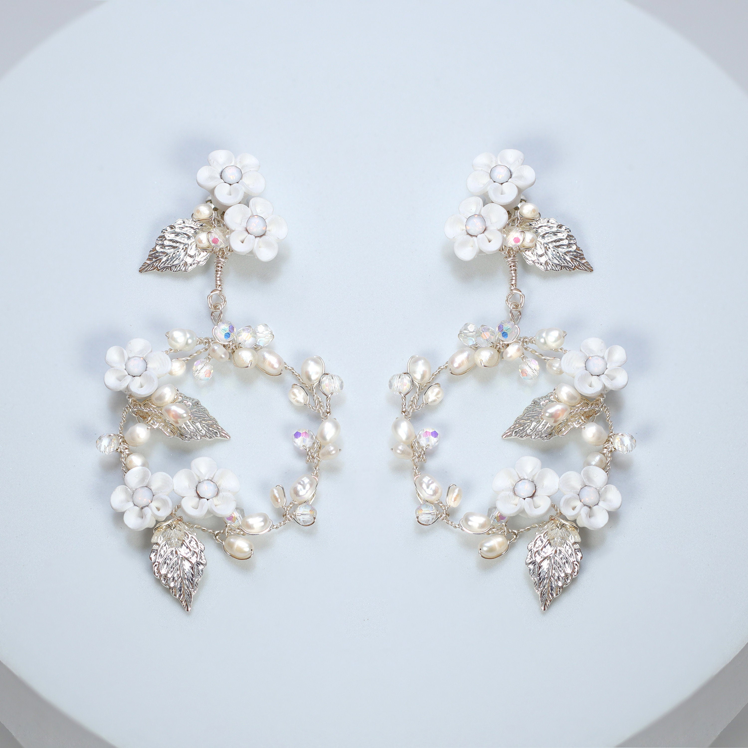 Swarovski Crystal Opal White flower Freshwater Cultured Pearl Hoop Earrings , Something Blue Real Pearl Bridal Earrings, Statement Earrings.