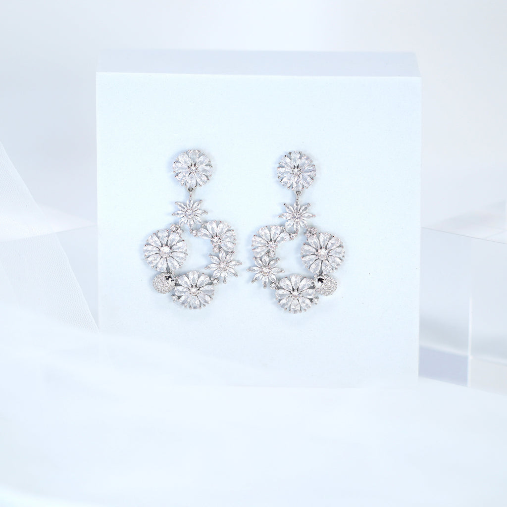 Luxurious Diamond Gold Silver Floral Paradise Earrings , Long Hoop Bridal Jewelry, Real Pearl Bridal Earrings, Statement Earrings.