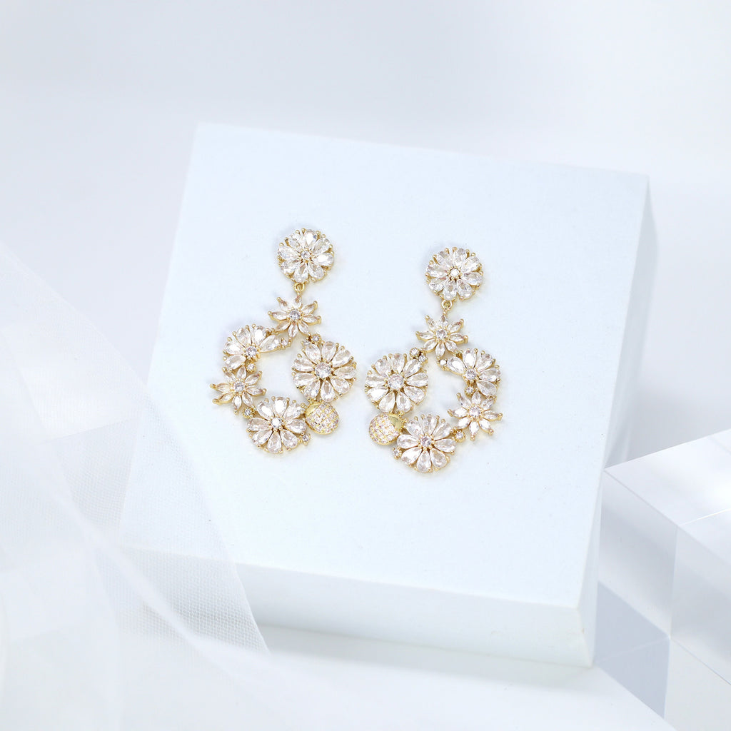 Luxurious Diamond Gold Silver Floral Paradise Earrings , Long Hoop Bridal Jewelry, Real Pearl Bridal Earrings, Statement Earrings.