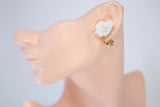 Clip on Ceramic White Flower Natural Pearl Stud Earrings, White Flower Bridal Earrings, Pearl Statement Earrings